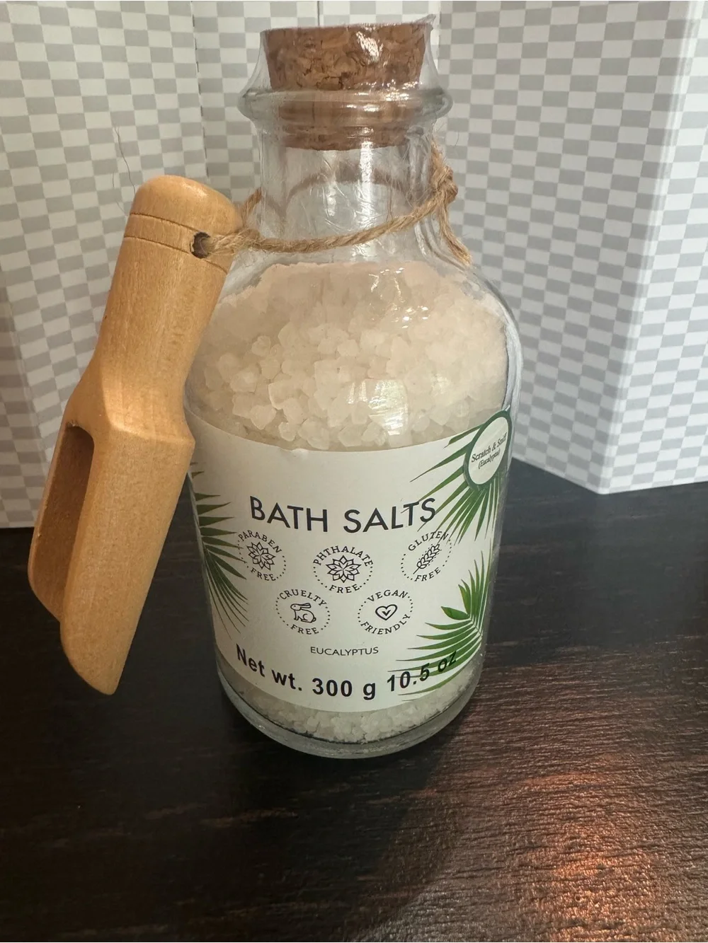 New! Eucalyptus Bath Salts glass apothecary-style jar cork stopper wooden scoop